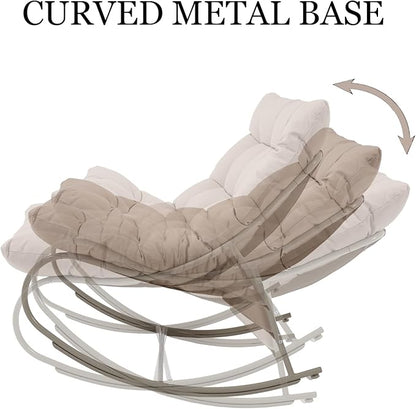 Rocking Chair Outdoor Set of 2, Extra Wide Outdoor Chair with Cushion, Patio Rocking Chairs with Ottoman, Patio Papasan Rocking Chairs for Porch, Garden, Lawn, Khaki
