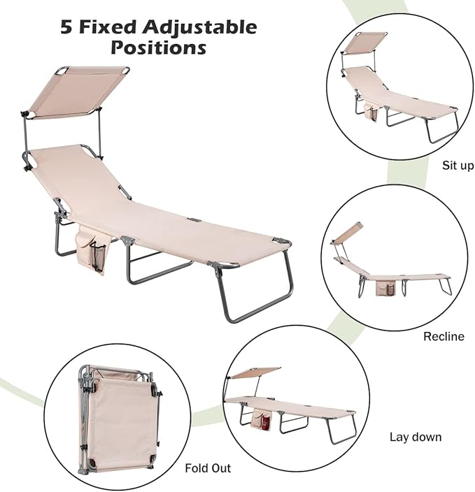 Giantex Tanning Chair, Patio Chaise Lounge Chair with 5 Adjustable Position, Shade Canopy, Storage Pocket, Camping Cot, Outdoor Sunbathing Recliner for Poolside, Lawn Folding Beach Chairs(1, Beige)
