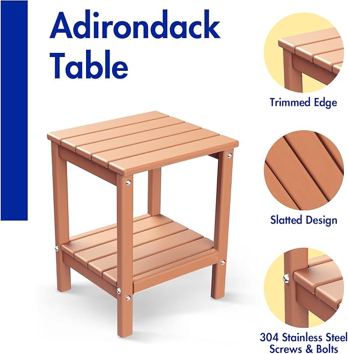 BRIOPAWS Outdoor-Side-Table | Small | HDPE Plastic | Patio End-Table | 2-Shelf Adirondack Outside Tables | All Weather | for Poolside Front Porch Indoor Living Room | 14" x 13" | Teak