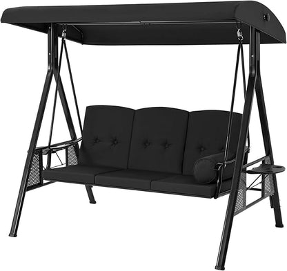 AECOJOY Outdoor Porch Swing, 3-Seat Porch Swing with Adjustable Canopy, Outdoor Swings for Adult with Black Removable Cushions for Backyard, Garden, Yard, Poolside, Balcony