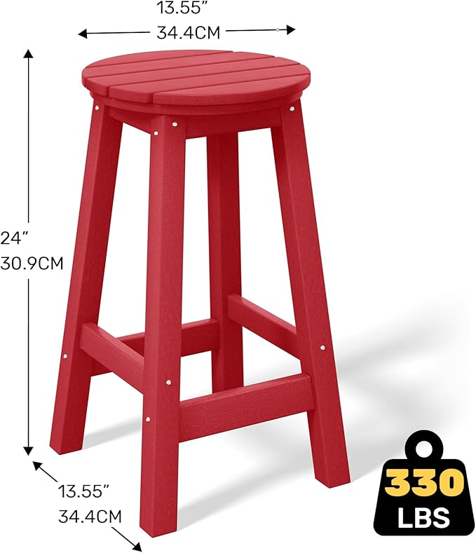 Costaelm 24" Height Outdoor Bar Stools, All-Weather Bar Stools, Adirondack Poly Patio Round Bar Stool for Patio, Deck, Kitchen Counter and Garden, Red