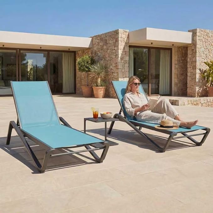 Outdoor Chaise Lounge Chair Set of 2 with Side Table, 5-Position Adjustable Patio Lounge Chair with Aluminum Frame, Textilene Fabric Pool Loung Chairs for Poolside, Deck, Backyard (Lake Blue)