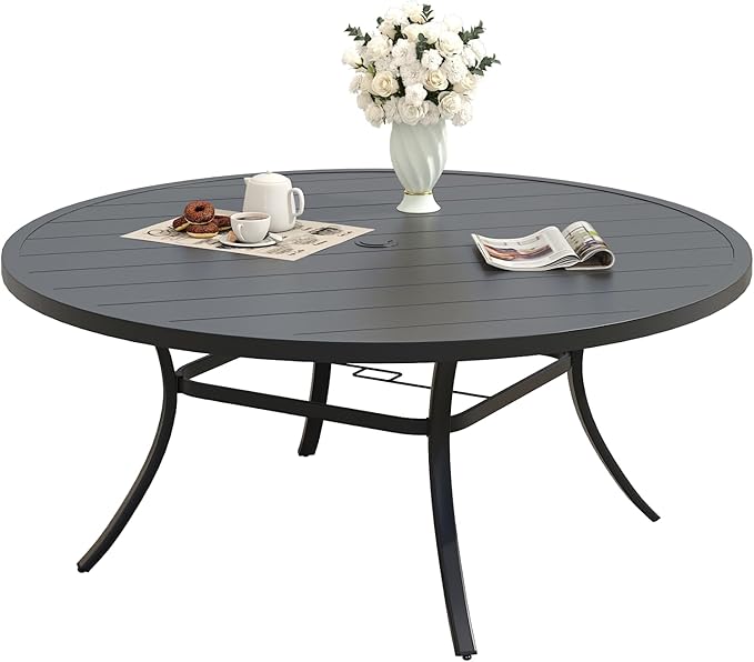 Patio Dining Table for 6-8, Round Metal Outdoor Table with 1.57" Umbrella Hole, 50" Outdoor Slat Tabletop Dining Table for Backyard, Porch, Lawn, Black