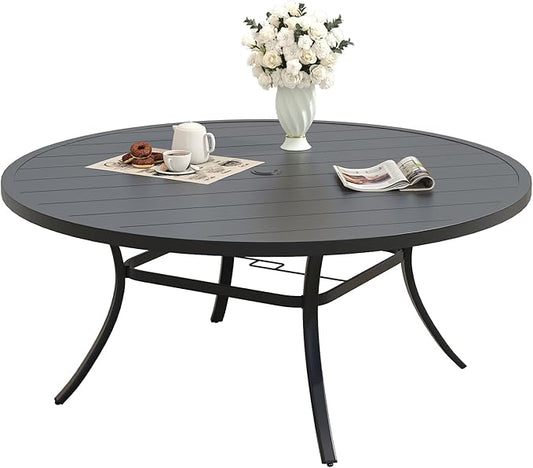 Patio Dining Table for 6-8, Round Metal Outdoor Table with 1.57" Umbrella Hole, 50" Outdoor Slat Tabletop Dining Table for Backyard, Porch, Lawn, Black