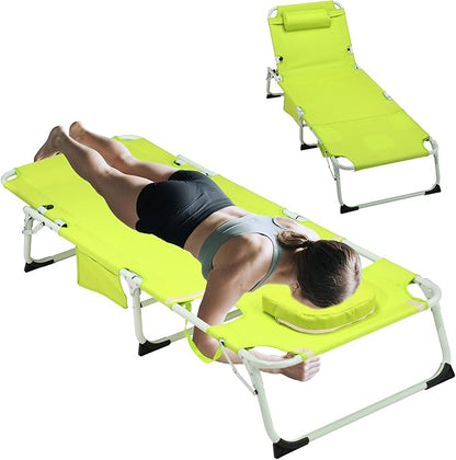 3-in-1 Oversized Sun Tanning Chair with Mat & Face Hole, Heavy Duty Folding Chaise Lounge - 5-Position Adjustable Outdoor Chair for Beach, Pool, Patio, Lawn, Yard - Includes Pillow (Green)