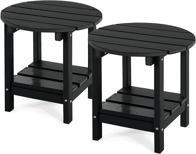 Set 2 Adirondack Outdoor Side Tables, 2-Tier Round Outdoor Table, Weather Resistant HDPE Patio End Table for Garden, Lawn, Pool, Beach, Porch, Deck, Backyard - Black