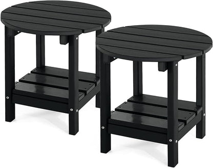 Set 2 Adirondack Outdoor Side Tables, 2-Tier Round Outdoor Table, Weather Resistant HDPE Patio End Table for Garden, Lawn, Pool, Beach, Porch, Deck, Backyard - Black