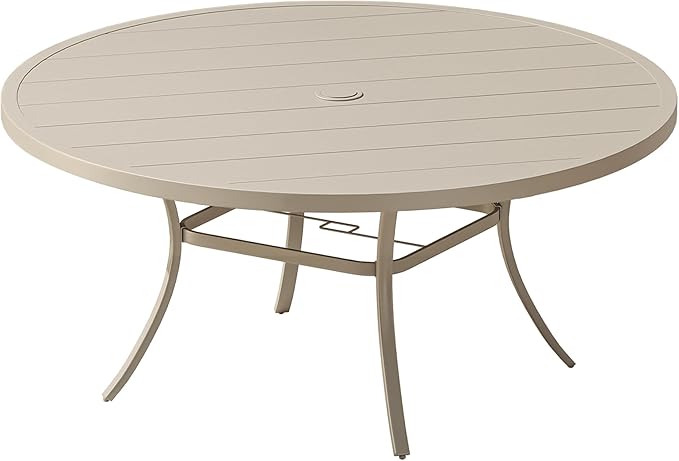 Patio Dining Table for 8-10, Round Metal Outdoor Table with 1.57" Umbrella Hole, 60" Outdoor Slat Tabletop Dining Table for Backyard, Porch, Lawn, Sand