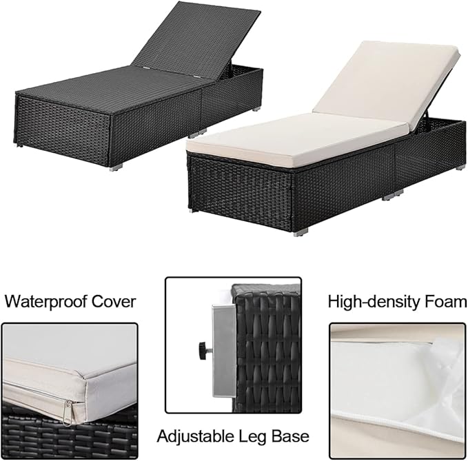 SLEERWAY Outdoor Rattan Chaise Lounge Set with Side Table, Patio Furniture Set Reclining Chair with Cushions and Adjustable Backrest, PE Wicker Chairs for Pool, Garden and Seaside (Set of 3)