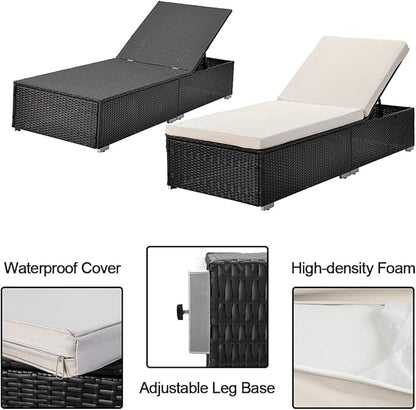 SLEERWAY Outdoor Rattan Chaise Lounge Set with Side Table, Patio Furniture Set Reclining Chair with Cushions and Adjustable Backrest, PE Wicker Chairs for Pool, Garden and Seaside (Set of 3)