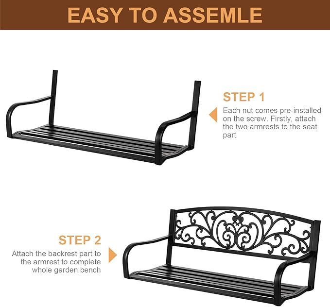 Outdoor Bench Metal Garden Bench,50IN Cast Iron Entryway Bench with Slatted Backrest for Porch Lawn Balcony Backyard and Park,Black (A)