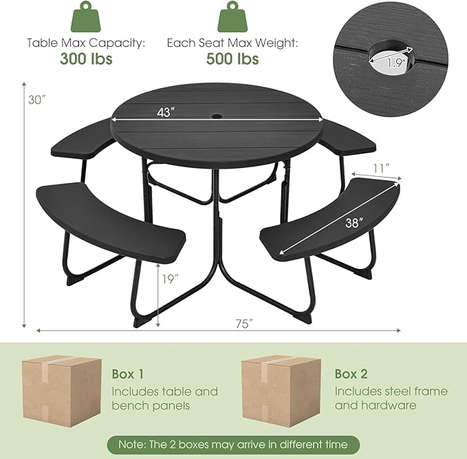 Round Picnic Table for Outdoors, 8 Person Outdoor Picnic Tables & Benches Set with Umbrella Hole - Photo 3