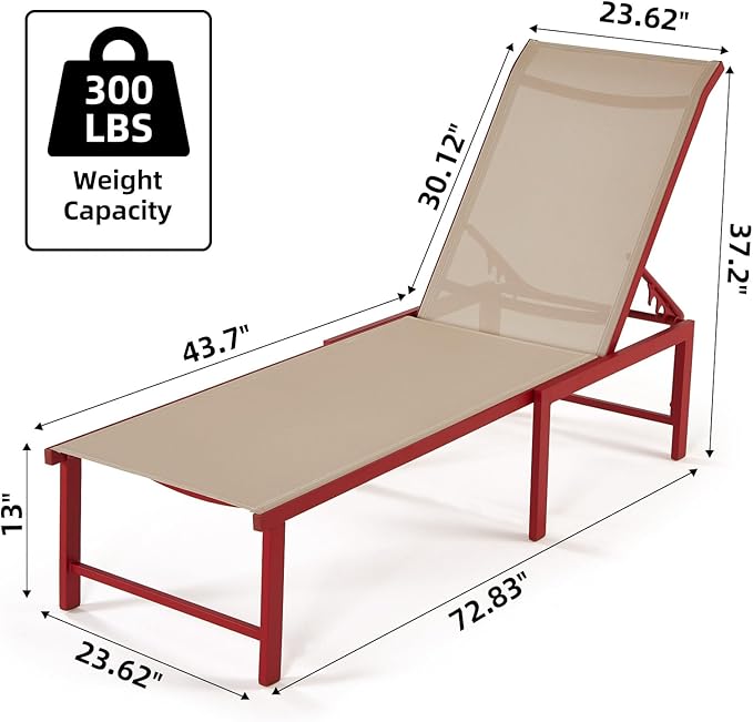 Lounge Chair Outdoor Set of 2, Foldable & Assembly Free Aluminum Chaise Lounge Chair with 5-Position Recliner, Pool Lounge Chairs for Outside Poolside Beach Lawn (Red)