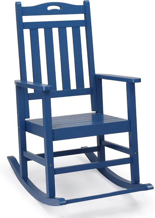 VINGLI Outdoor Rocking Chair with Footrest, Wooden Rocking Chair with 450 LBS Weight Capacity, Patio Rocker with Comfortable Backrest for Garden, Yard (Navy Blue, 1PC)