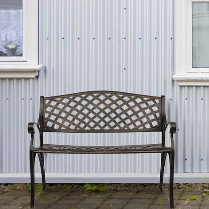 40.5in Outdoor Cast Aluminum Porch Benches,Weatherproof Patio Park Bench,Outside Leisure Bench,Outdoor Garden Park Bench,with Mesh Backrest,for Lawn, Deck, Path, Backyard, Entryway (Bronze)