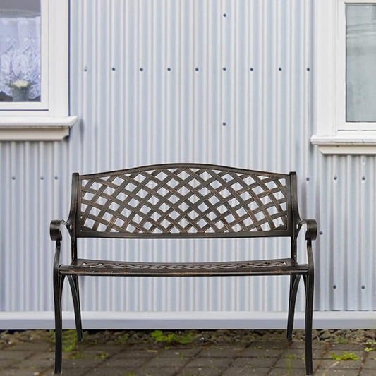 40.5in Outdoor Cast Aluminum Porch Benches,Weatherproof Patio Park Bench,Outside Leisure Bench,Outdoor Garden Park Bench,with Mesh Backrest,for Lawn, Deck, Path, Backyard, Entryway (Bronze)