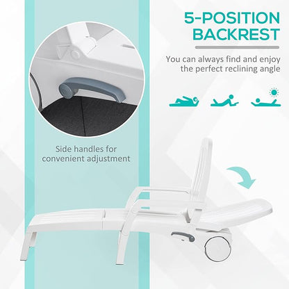 Outsunny Outdoor Chaise Lounge Chair on Wheels with Storage Box, Waterproof Lounger with Quick Assembly, Folding Design, 5 Level Adjustable Backrest for Pool, Beach, Patio, Garden, White