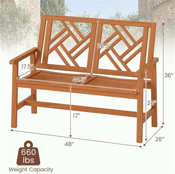 48 Inch Solid Hardwood Garden Bench, 2-Person Outdoor Wood Patio Loveseat with Geometric Backrest and Contoured Seat, Heavy Duty Porch Furniture for Backyard and Balcony, 660 lbs Capacity