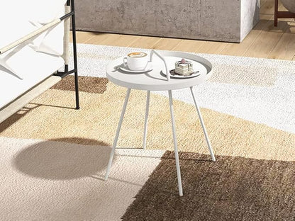 Grand patio Outdoor Side Table with Handle, Small Portable End Table, 17-in Round Side Table, White