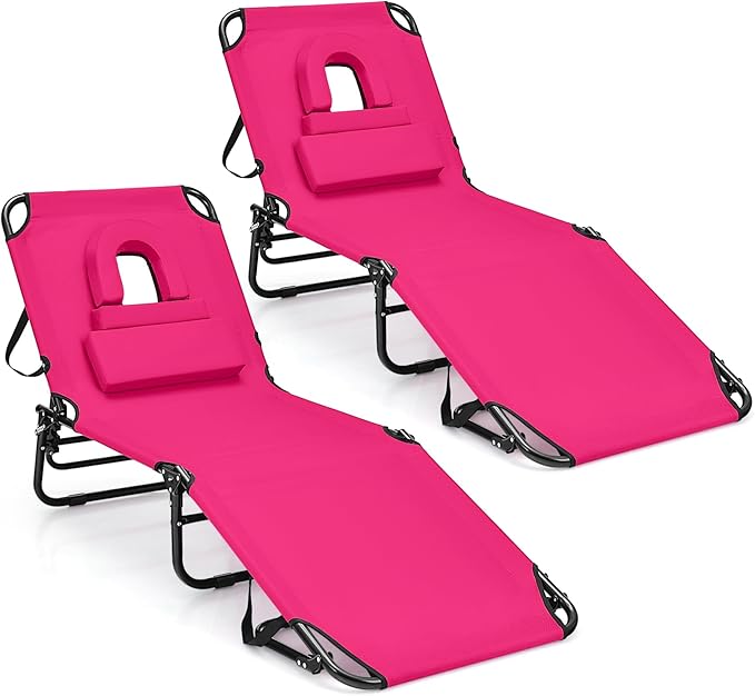 Goplus Tanning Chair, Folding Beach Lounge Chair with Face Hole, Removable Pillow, Carry Strap, Position Adjustable, Sunbathing Chair, Portable Outside Lounge Chair for Patio Pool