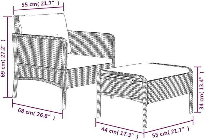 2-Piece Patio Lounge Set with Cushions Black Poly Rattan Metal Frame Outdoor Furniture for Balcony Porch Garden Backyard - Photo 8