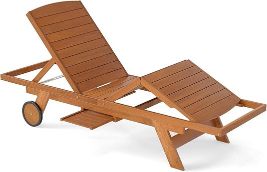 Tangkula Lounge Chair Outdoor with Wheels, Patio Wood Chaise Lounge with 4-Position Adjustable Backrest & Leg Area, Extendable Side Table, Pool Sunbathing Reclining Lounger for Outside Backyard (1)