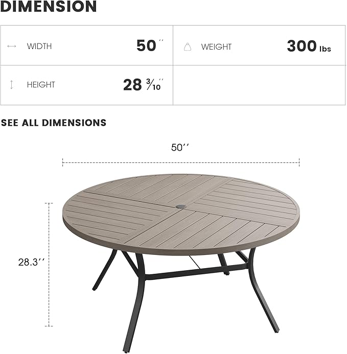 Patio Dining Table for 6, Round Metal Outdoor Table with Storage Shelf, 1.57" Umbrella Hole, 50" Outdoor Quartered Tabletop Dining Table for Backyard, Porch, Lawn, Grey