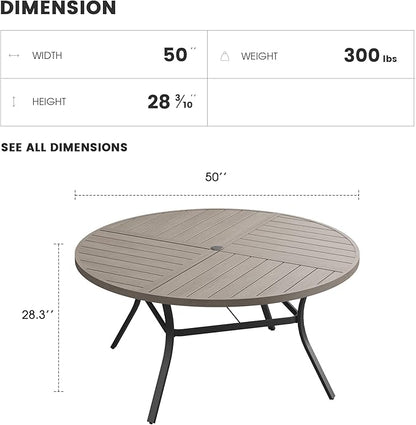 Patio Dining Table for 6, Round Metal Outdoor Table with Storage Shelf, 1.57" Umbrella Hole, 50" Outdoor Quartered Tabletop Dining Table for Backyard, Porch, Lawn, Grey