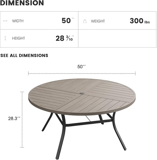 Patio Dining Table for 6, Round Metal Outdoor Table with Storage Shelf, 1.57" Umbrella Hole, 50" Outdoor Quartered Tabletop Dining Table for Backyard, Porch, Lawn, Grey