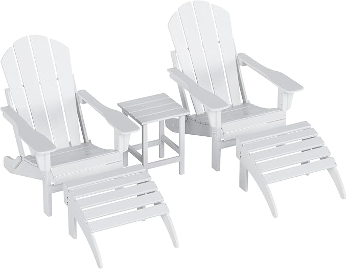 WestinTrends Malibu Outdoor Lounge Chairs Set, 5-Pieces Adirondack Chair Set of 2 with Ottoman and Side Table, All Weather Poly Lumber Patio Lawn Folding Chair for Outside, White