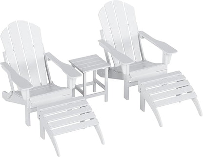 WestinTrends Malibu Outdoor Lounge Chairs Set, 5-Pieces Adirondack Chair Set of 2 with Ottoman and Side Table, All Weather Poly Lumber Patio Lawn Folding Chair for Outside, White