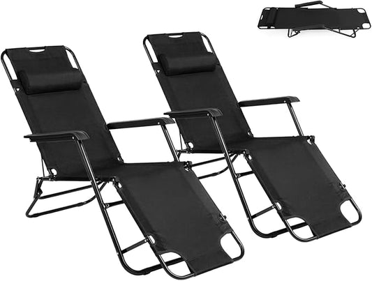 Outvita Folding Chaise Lounge Chair, Outdoor Adjustable Recliner Chair with Pillow for Camping, Beach, Poolside, Garden, Backyard, Lawn