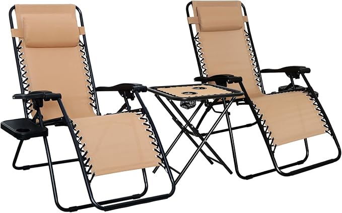 Amazon Basics Outdoor Textilene Adjustable Zero Gravity Folding Reclining Lounge Chair Set with Cup Holder, Side Table - Photo 1