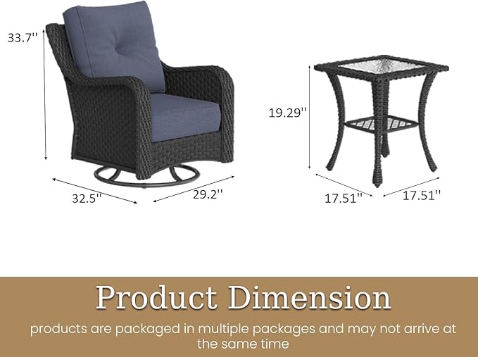 3 Piece Patio Furniture Set, All-Weather Wicker Outdoor Conversation Set with Swivel Rocking Chair and 6 Inch Thick - Photo 2