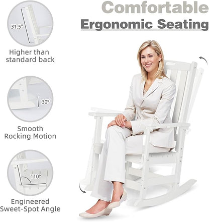 Aoodor Outdoor Rocking Chair, Ergonomic HDPE Rockers with All-Weather Design for Patio or Porch, Color White