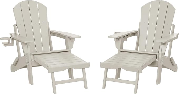WestinTrends Malibu Folding Adjustable Adirondack Chair with Retractable Ottoman and Cup Holder (Set of 2), Sand