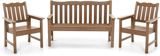 Stoog Oversized All-Weather Garden Bench & Chairs Set, 3-Piece Patio Furniture Set, Include 2 Chairs and 1 Garden Bench, for Porch, Backyard, Lawn, Pool and Deck, Teak