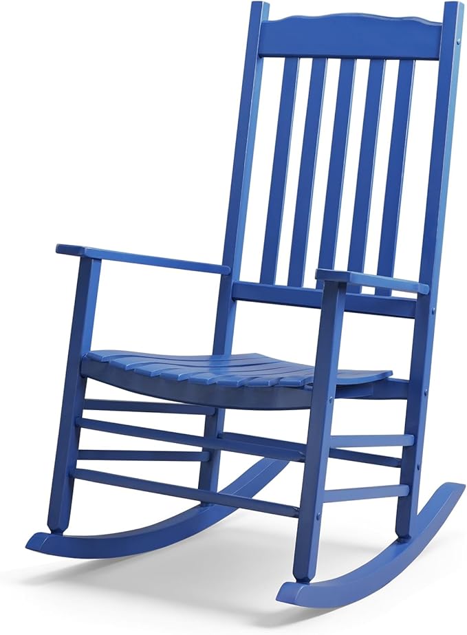 Outvita Outdoor Rocking Chair, Solid Wood High Back Rocker, All Weather Lounge Chair for Porch Patio Fire Pit Garden Backyard Deck Indoor, Wave Shape, Blue