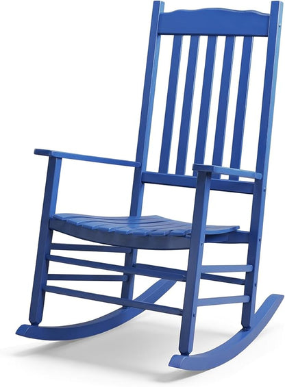 Outvita Outdoor Rocking Chair, Solid Wood High Back Rocker, All Weather Lounge Chair for Porch Patio Fire Pit Garden Backyard Deck Indoor, Wave Shape, Blue