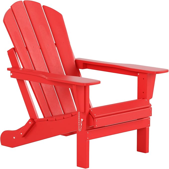 WestinTrends Malibu 2-Pieces Adirondack Chair Set with Side Table, All Weather Outdoor Seating Plastic Patio Lawn Chair Folding for Outside Porch Deck Backyard, Red