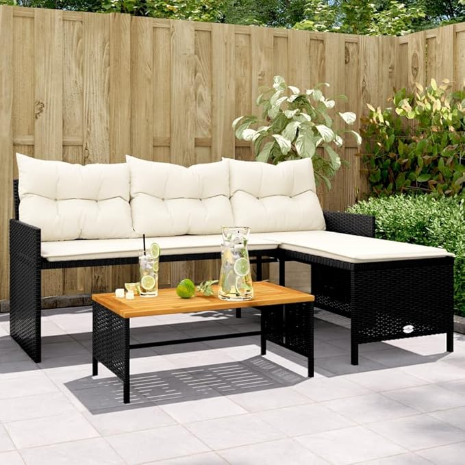 vidaXL L-Shaped Patio Sofa Set - Black Poly Rattan Outdoor Furniture with Acacia Wood Table and Cream White Cushions - Photo 2