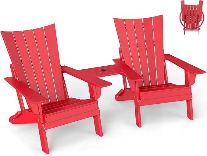 GREENVINES Folding-Adirondack-Chairs-Set-of-2 | HDPE Plastic | Arch Series | Fire Pit Chair | with Connecting Tray | Removable Table | All Weather | for Outdoor Patio Deck Poolside | Red