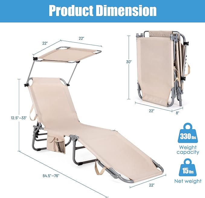 GYMAX Tanning Chair, Beach Lounge Chair with Canopy Sunshade, Carry Handle & Pocket, 5 Level Adjustable Layout Chaise Lounge for Outside, Folding Sunbath Chair for Outdoor, Patio, Poolside (2, Sand)