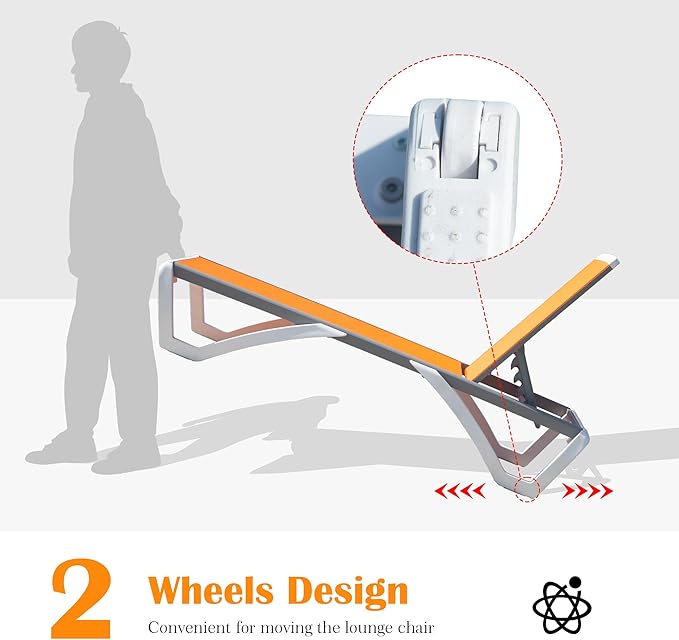 Domi Outdoor Lounge Chair, Aluminum Patio Chaise Lounge with 5 Position Adjustable Backrest and Wheels, All Weather Reclining Chair for Patio, Yard, Balcony, Poolside (Orange)