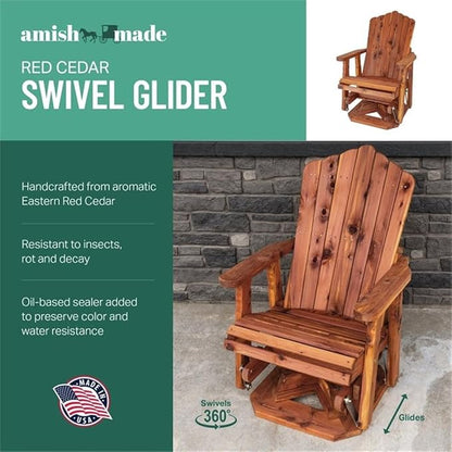 Pemberly Row 23" Solid Wood Cedar Adirondack Swivel Glider, Brown Finish, Handcrafted Outdoor Chair, Fan-Back Tall Support, Smooth Glide and Swivel Motion, Oil-Sealed for Porch, Patio or Backyard Use