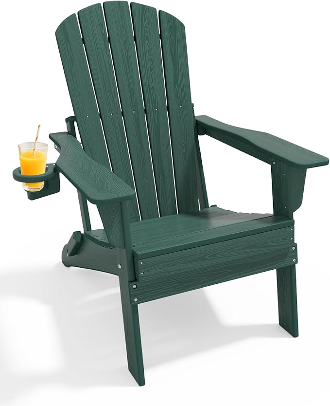 Oversized Folding Adirondack Chair - HDPE All-Weather Outdoor Chair with Cup Holder, 380LB Weight Capacity, UV Protected, Green