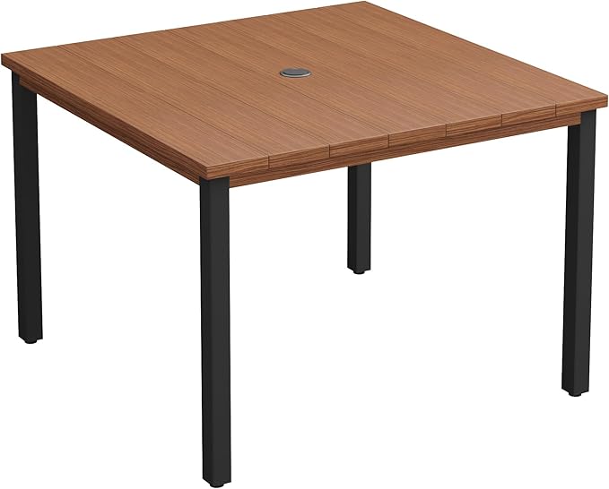VICLLAX 40.2" Square Patio Dining Table for 4, Outdoor Table with Umbrella Hole, All Weather Metal Patio Table for Lawn Garden, Walnut Wood-Like Tabletop