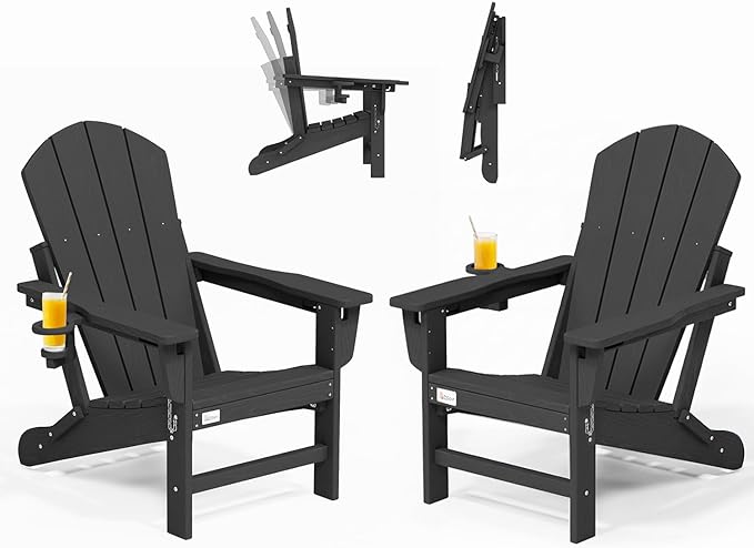 Mdeam 3-Position Adjustable Adirondack Chairs Set of 2, 400LBS Capacity, Cup Holder, Wooden Textured, All-Weather HDPE Folding Fire Pit Outdoor Chairs for Poolside Deck Patio Garden Yard Lawn - Black