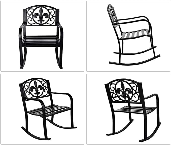 Grepatio Outdoor Patio Rocking Chair Set of 2, Wrought Cast Iron Furniture Chair Metal Rocking Seat Chairs for for Deck, Backyard or Garden w/Scroll Design (Black-2Pcs)