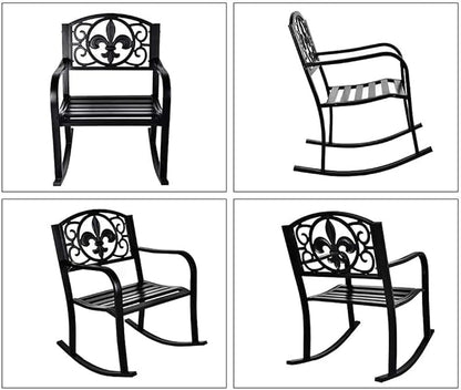 Grepatio Outdoor Patio Rocking Chair Set of 2, Wrought Cast Iron Furniture Chair Metal Rocking Seat Chairs for for Deck, Backyard or Garden w/Scroll Design (Black-2Pcs)